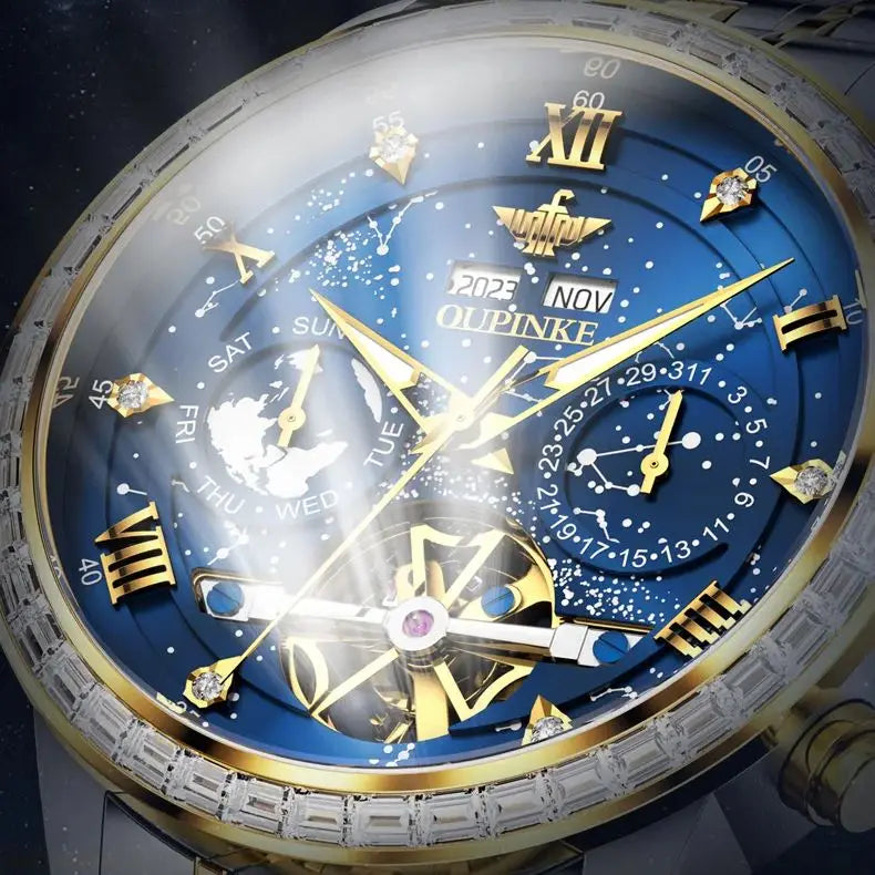 OUPINKE 3255 Men Watch Luxury Brand Swiss Movement Starry Sky Skeleton Waterproof
