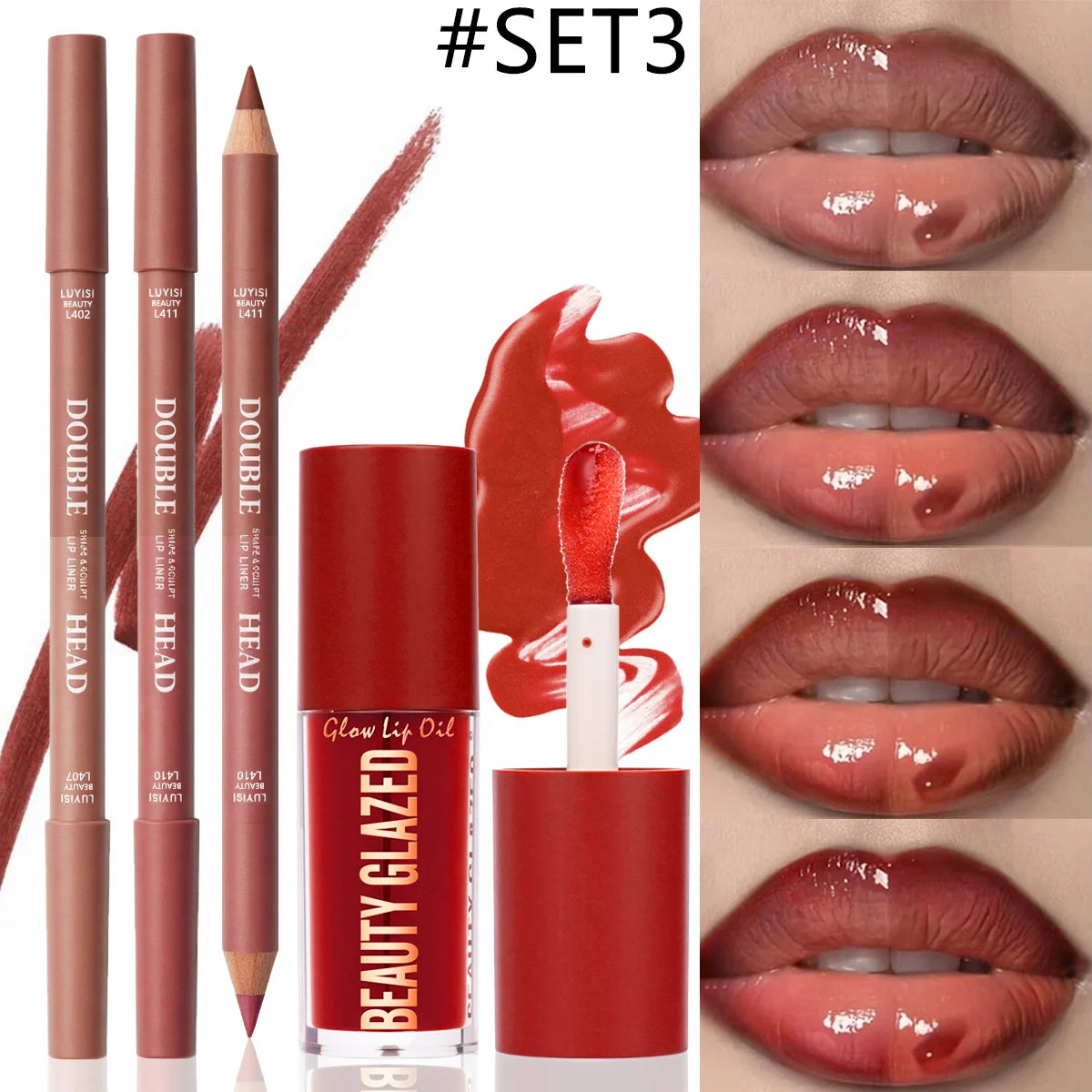 3pcs/Set Lip Makeup Set,2pcs Matte Dual-Color Lip Liner+1pc Moisturizing