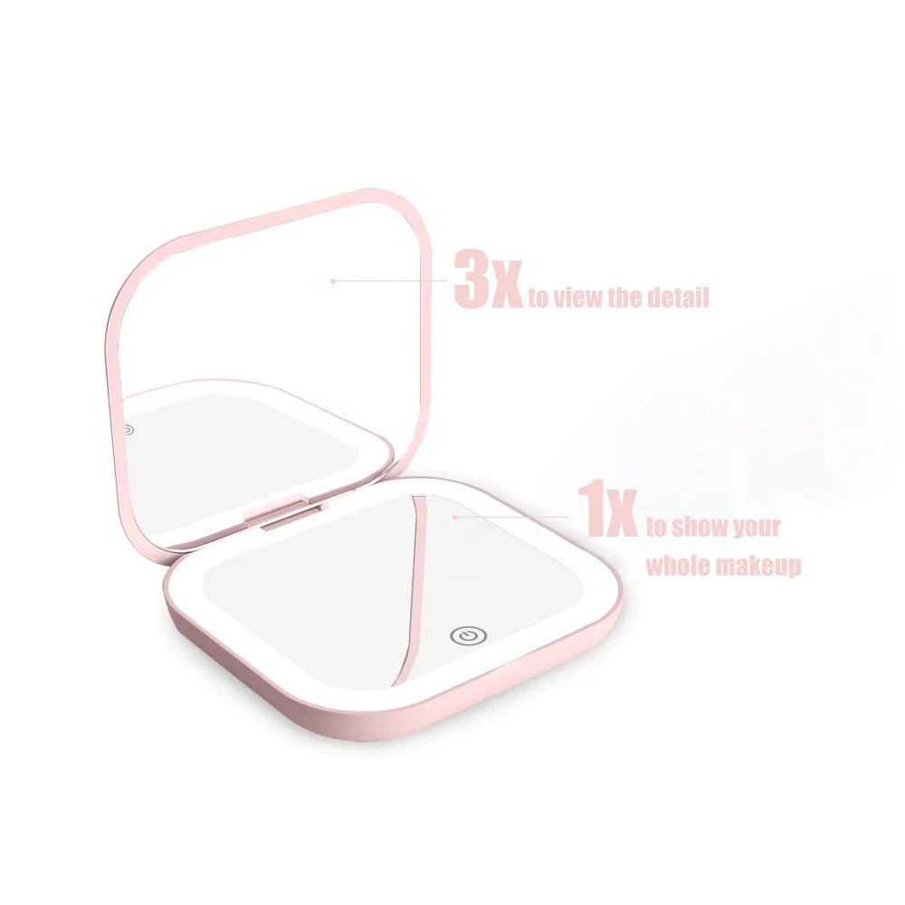 Compact Mirror with Lights, 1X/2X Magnification Portable Folding Handheld Small Pocket LED Travel Makeup Mirror for Gift, Purse