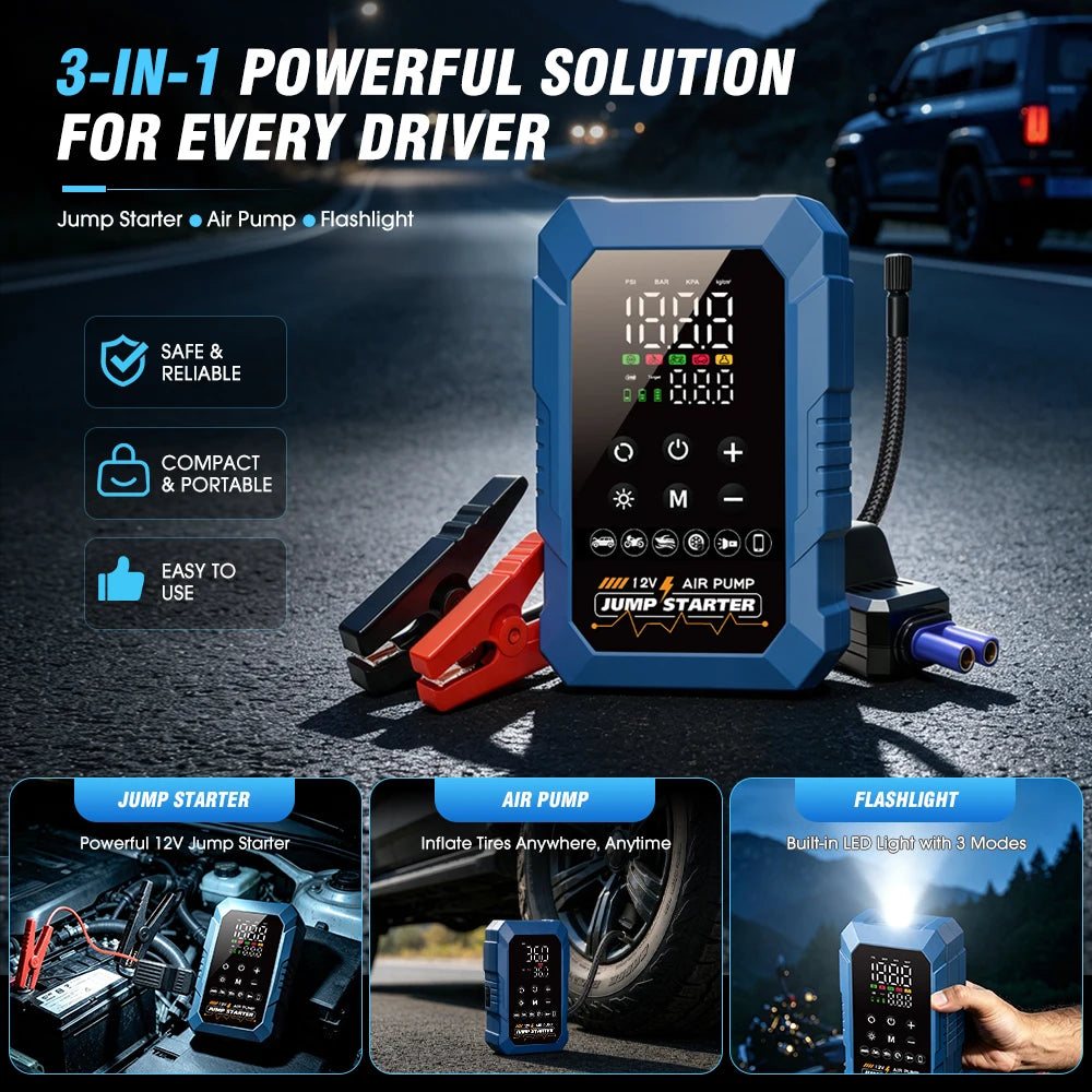 12V Emergency Jump Starter Pack 150PSI Car Battery Booster Air Pump