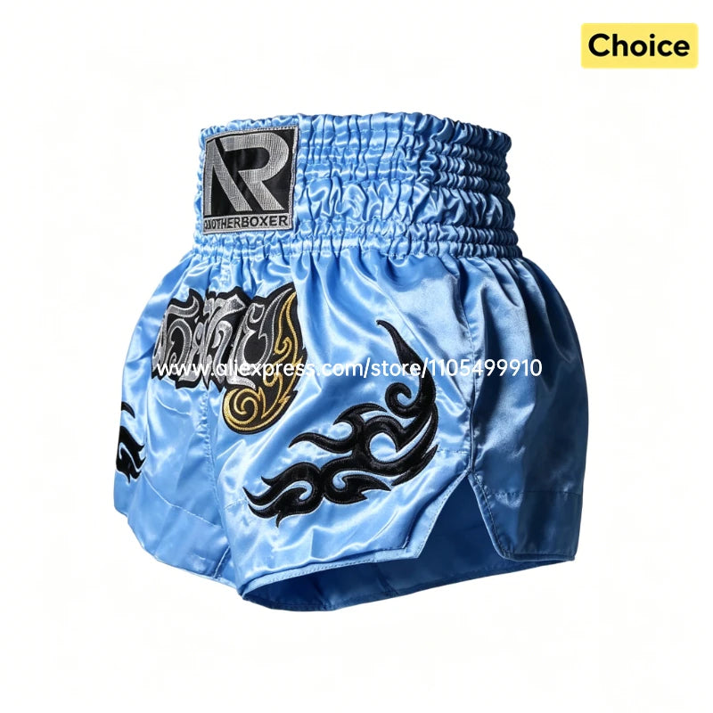 Tiger Muay Thai Shorts Embroidery Boxing Shorts Satin Kickboxing Fight Wear Men Women Kids MMA Training Competition Pants Blue