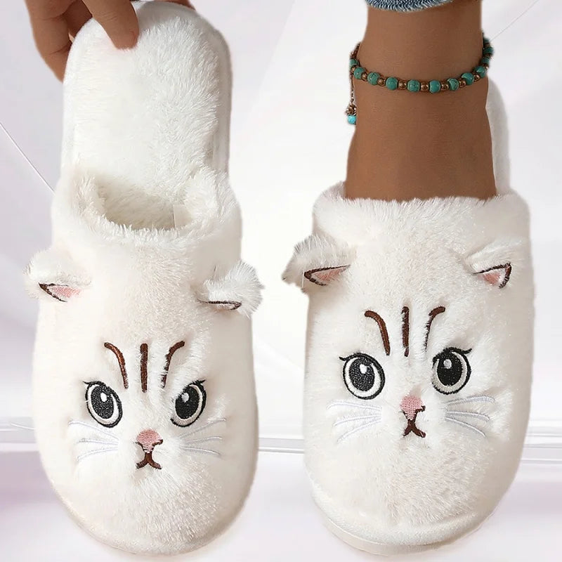 2025 Women Cute Cat Fluffy Furry Home Slippers Couples Indoor