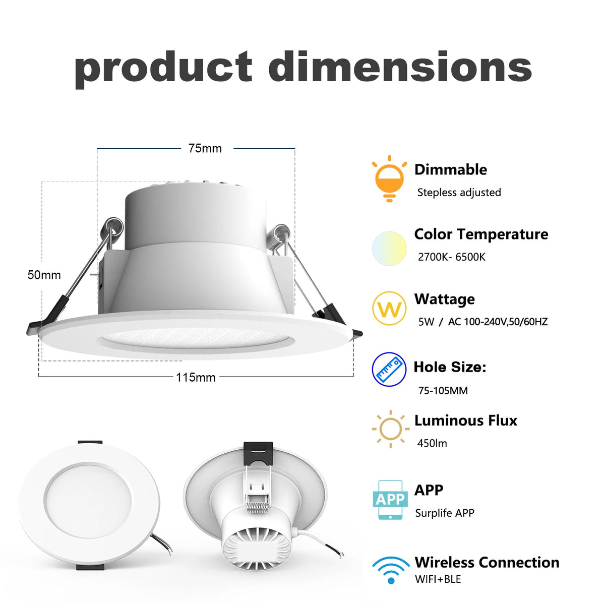 1-10PCS 5W Smart LED Downlight WiFi Ble Ceiling Lamp