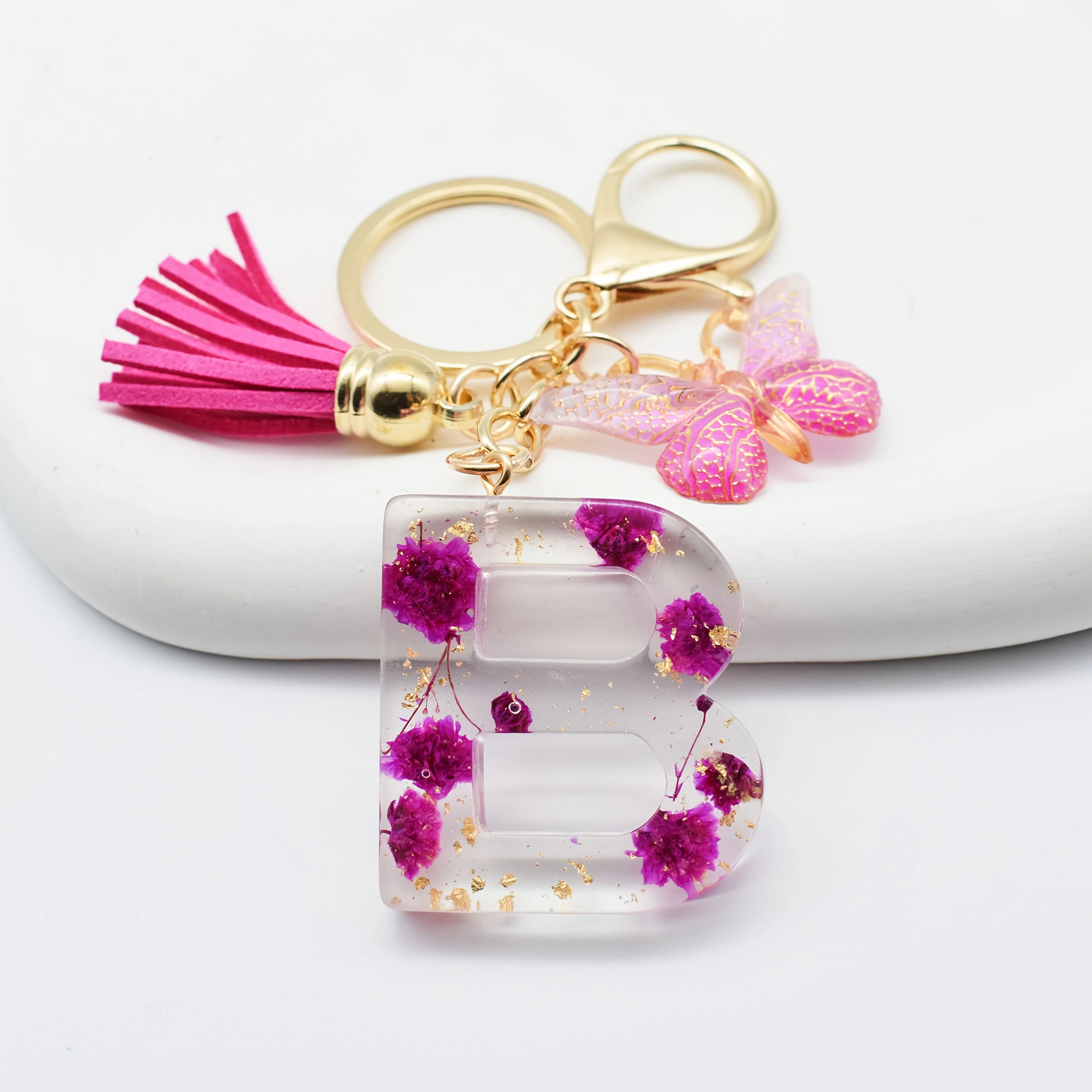 1PC Fashion Easter Alphabet Keychain - Dried Flower Resin Charm, A-Z Initial Pendant Butterfly Tassel, Non-Woven ABS Gift