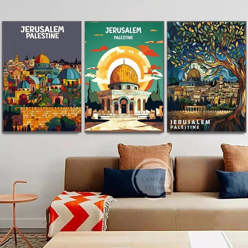 Jerusalem Palestine Travel Poster Religious Shrines Mosque Prints Canvas Painting Wall Art Pictures for Living Room Home Decor
