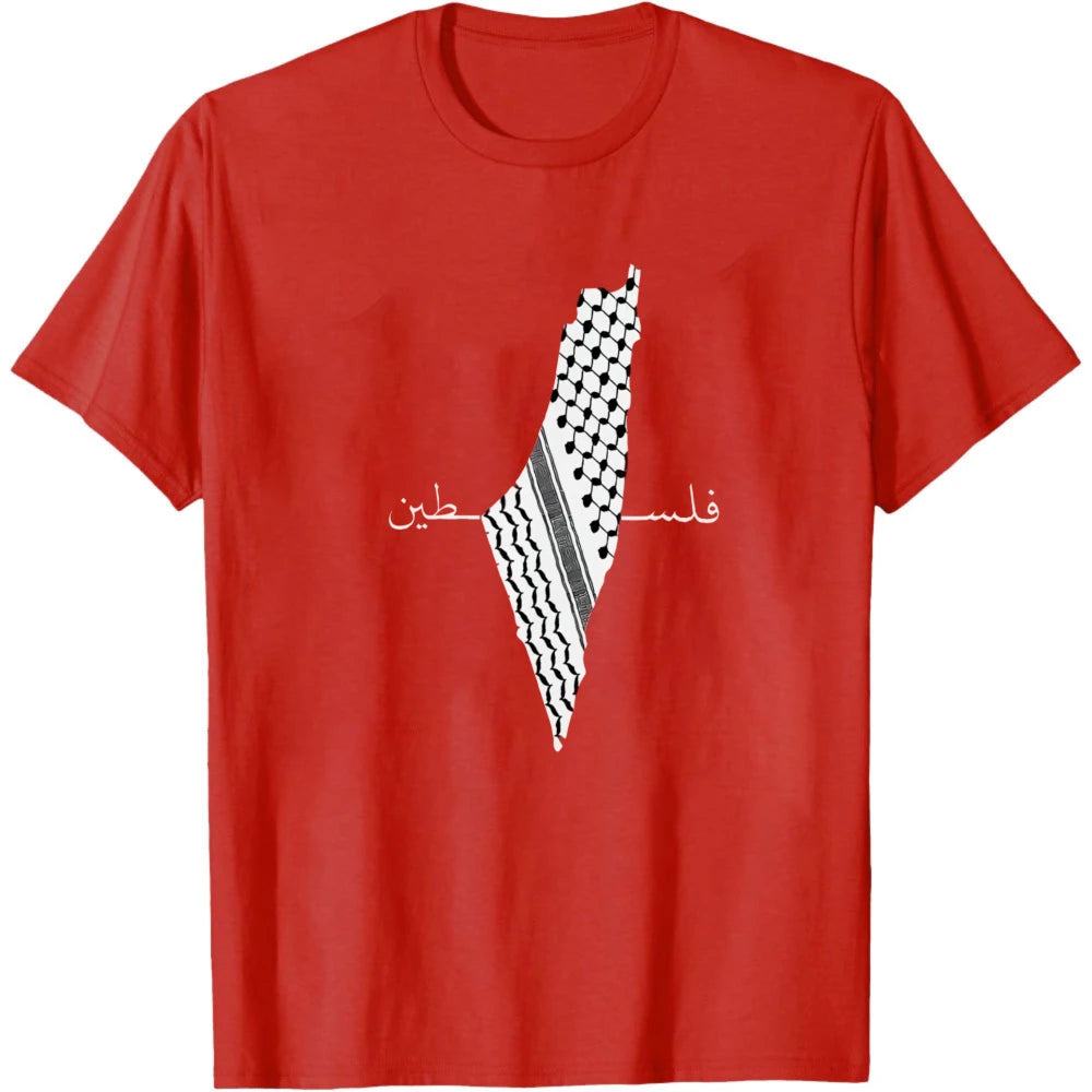 Palestine Keffiyeh Map Arabic Calligraphy Print Cotton T Shirt Men Heritage Patriotic Casual Graphic Tees Summer Men Clothing