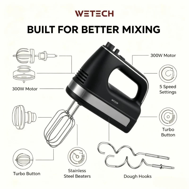WETECH W6316 300W Electric Hand Mixer 5 Speed Turbo Boost Stainless Steel Whisks