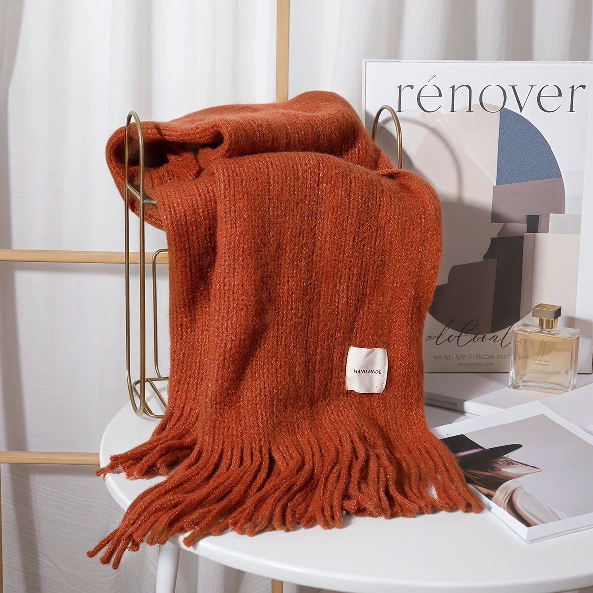 Women Solid Color Knitted Tassel Scarf
