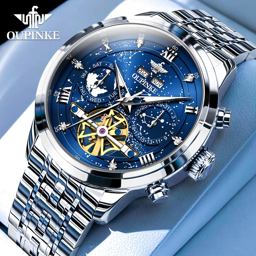 OUPINKE 3255 Men Watch Luxury Brand Swiss Movement Starry Sky Skeleton Waterproof