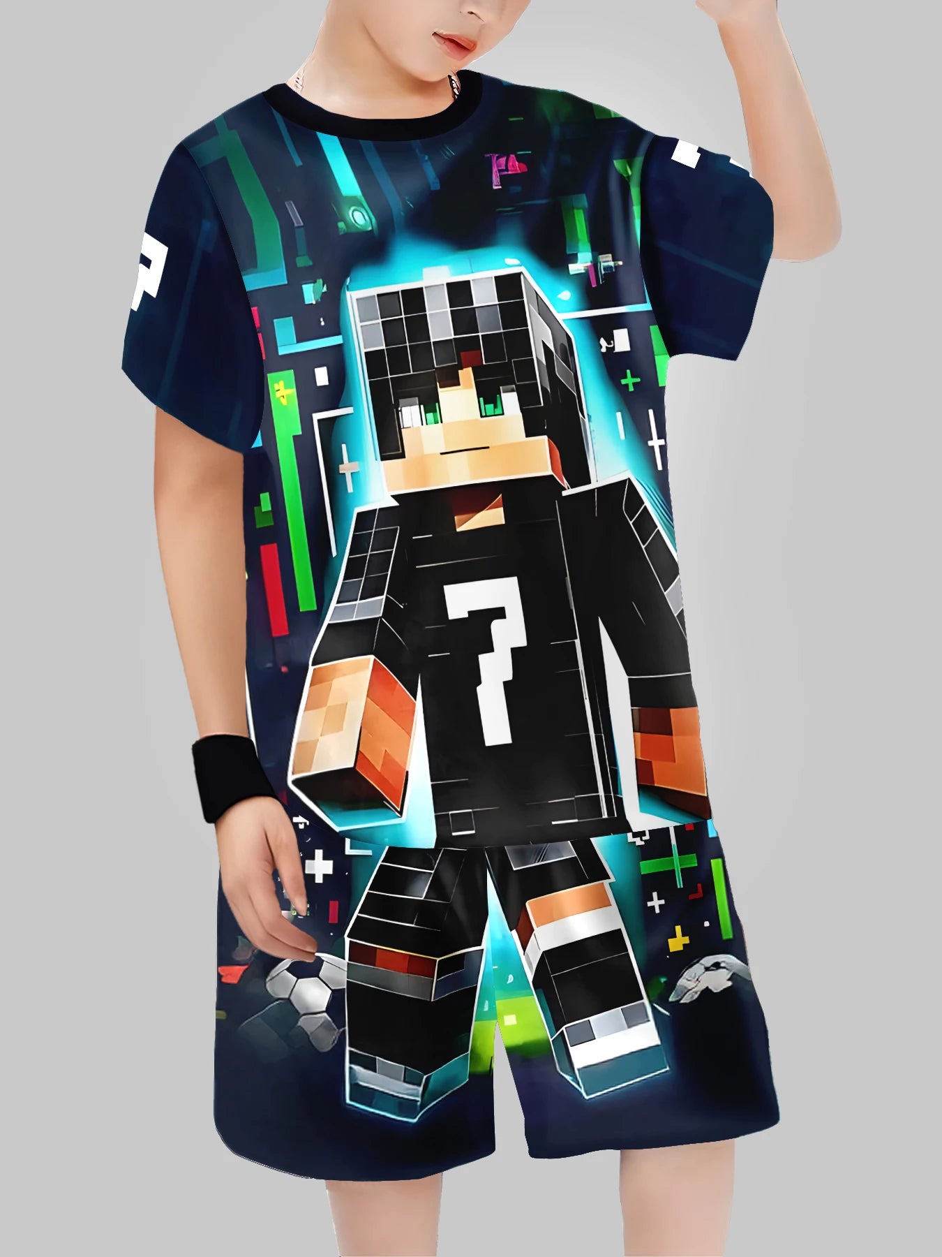 new Block Man Digital Printing Cross Border Children's Clothing Casual Short Sleeved T-shirt Boys' Clothing