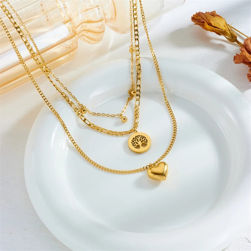 DIEYURO 316L Stainless Steel Gold Color Heart Tree Beads Pendant Necklace For Women Fashion 3in1 Chains Waterproof Girl Jewelry