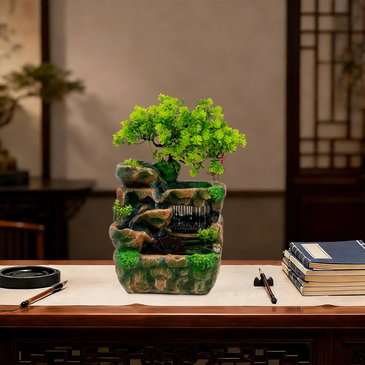 Resin Tabletop Water Fountain, Simulated Natural Landscape with LED Colorful Lights