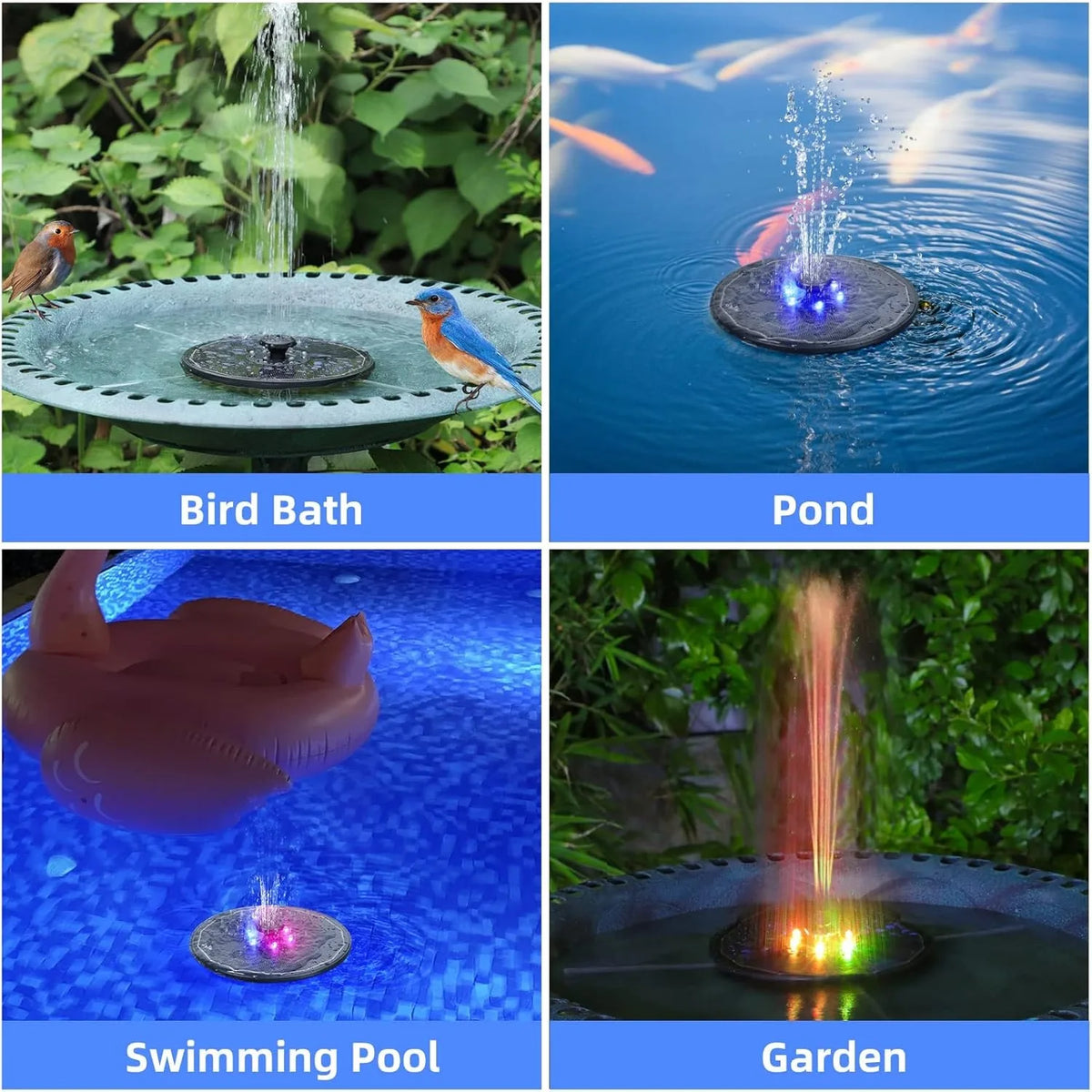 Solar Fountain Pump with LED Lights 8 Nozzles for Garden Pond Bird Bath Outdoor Decor