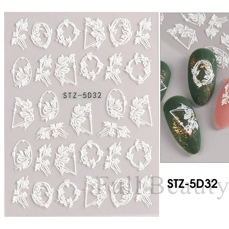 5D Simple Flowers Nail Embossed Stickers Elegant Wedding Design Adhesive Sliders Floral Textured Engraved Decoration Supplies