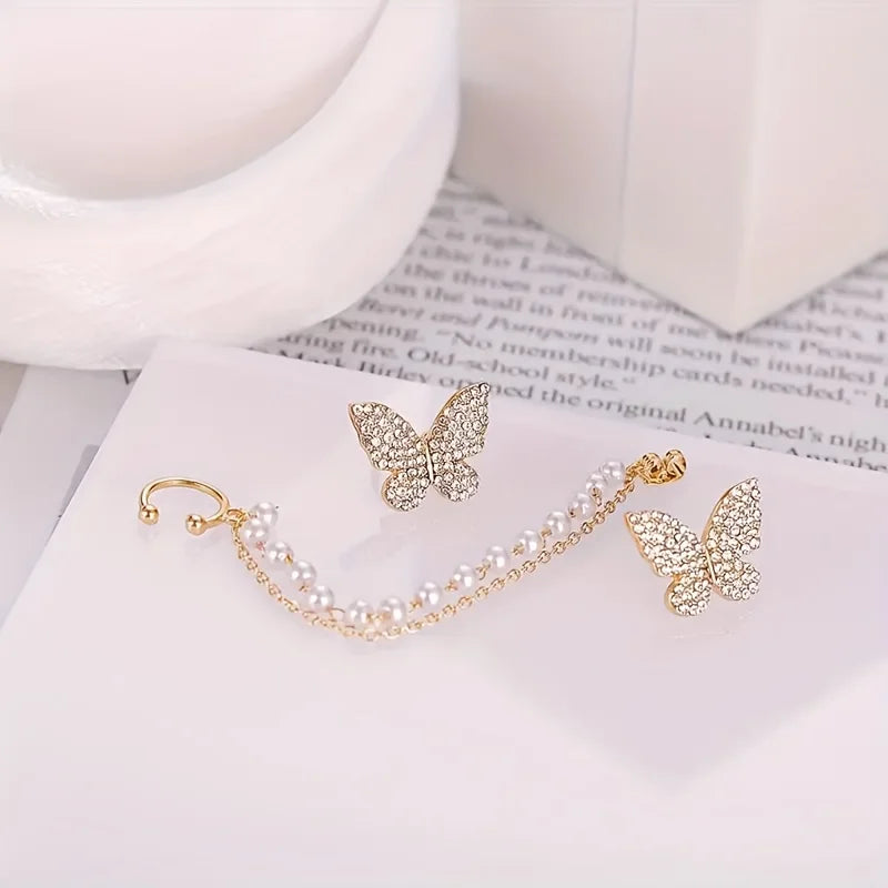 Aesthetic Gold Color Zircon Butterfly Chain Earrings Dainty Double Layer Pearl