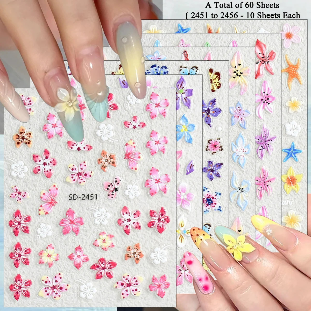 3 to 120 Sheets Tropical Flower Nail Stickers Hibiscus Butterfly Starfish