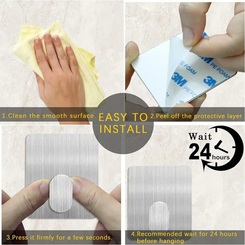 4Pcs No Drill Stainless Steel Self Adhesive Wall Hooks Heavy Duty Bathroom Kitchen Towel Storage Hanger