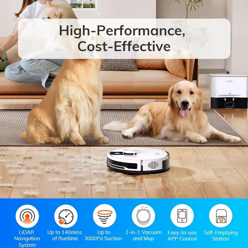 ILIFE A12 Pro Robot Vacuum and Mop Combo, Self Emptying Station for 60 Days, LiDAR Navigation, Home Mapping, No-Go Zones, 2.4G WiFi/App/Alexa/Remote Control, for Hard Floors