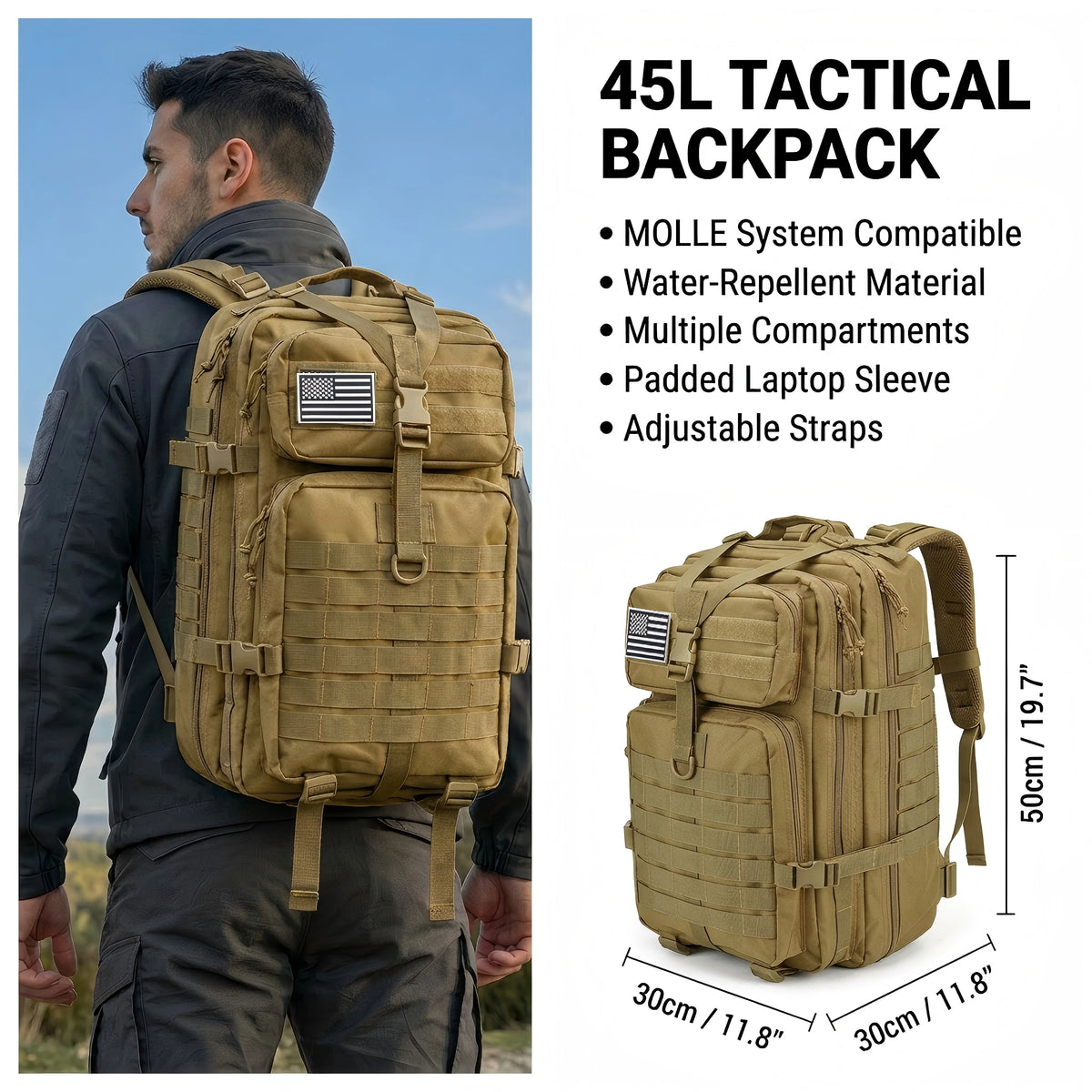 Men 45L Tactical Backpack Molle Bug Out Bag Survival Emergency Water Resistant