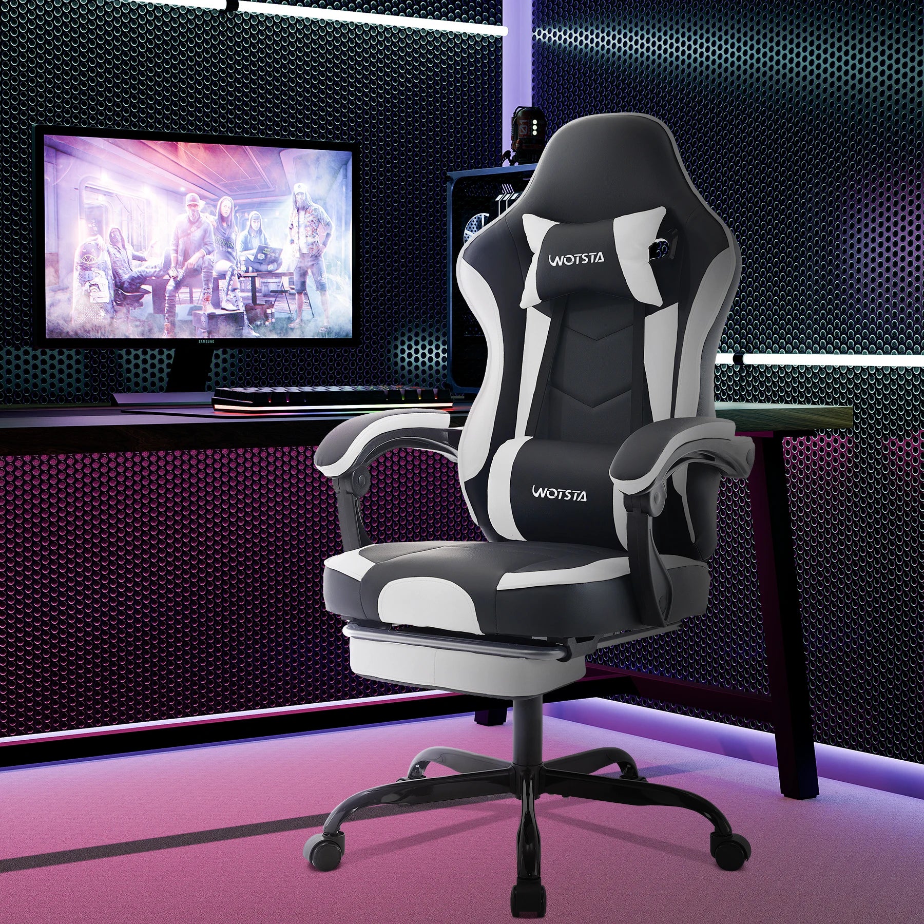 WOTSTA Gaming Chair with Footrest Gamer Chairs Ergonomic with Lumbar Cushion Headrest Chair Height Adjustable Computer Chair