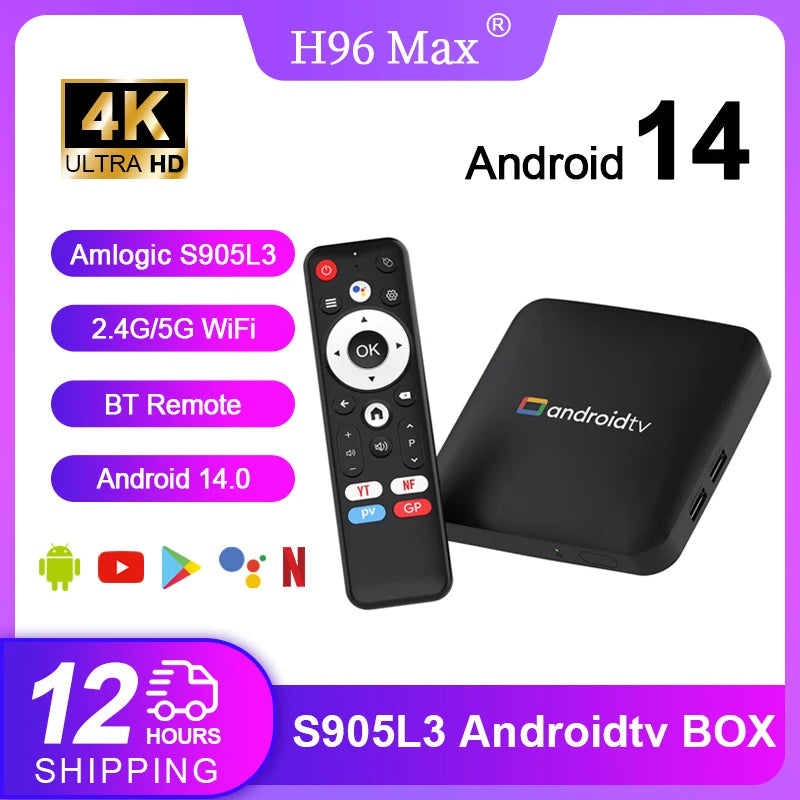 H96 MAX Amlogic S905L3 Android 14 TV BOX 4K HD Output 100M/Lan 2.4G&5G Dual WiFi BT4.0+ Google Voice Assistant Android Tvbox