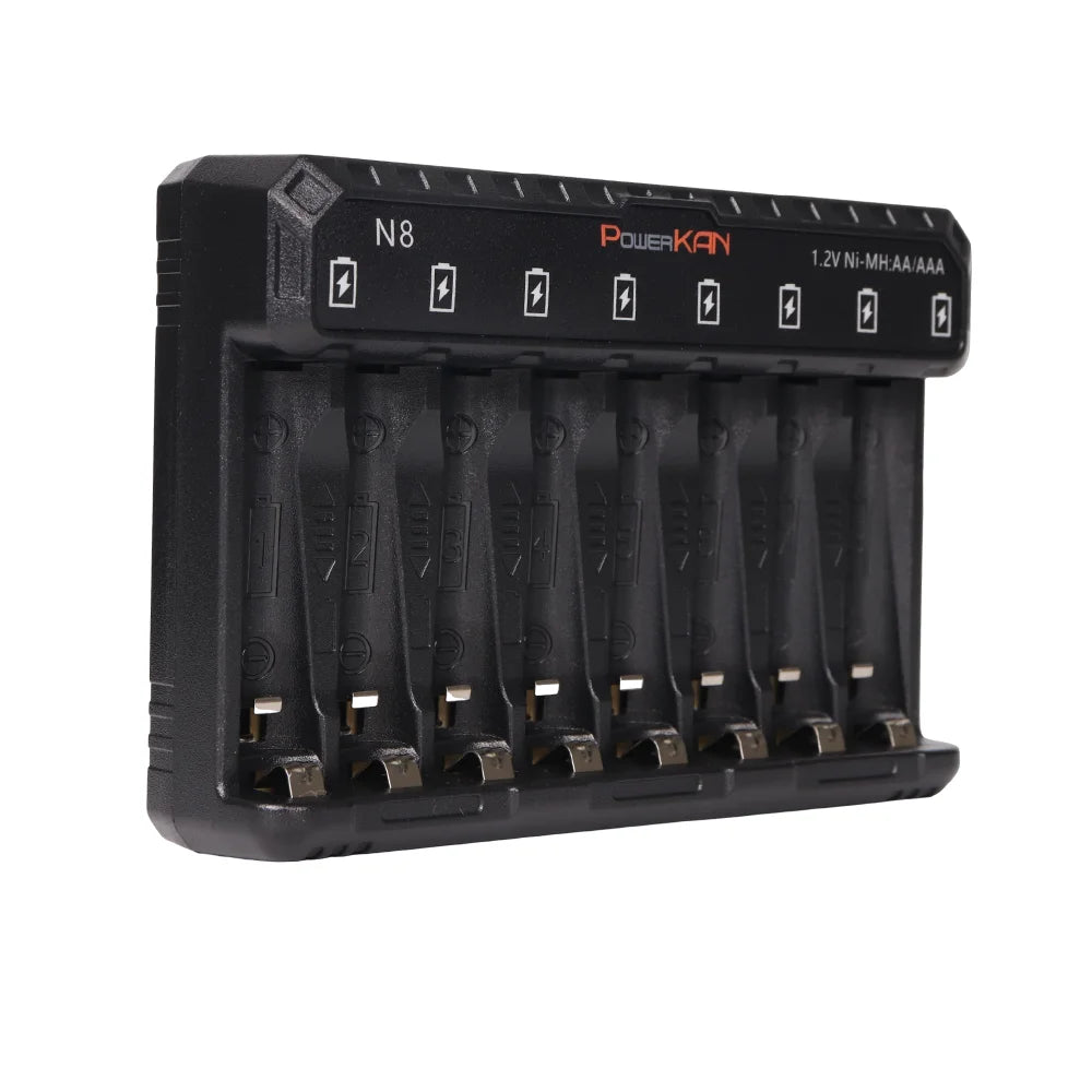 POWERKAN N8 Battery Charger with LED Display for 8 1.2V Ni-MH Ni-Cd AA AAA Rechargeable Batteries USB-C 5V 2A