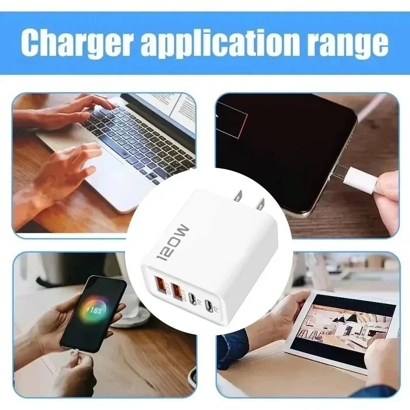4 Port 120W USB C Fast Charger Data Cable For iPhone Samsung Xiaomi Huawei EU US UK Plug Travel