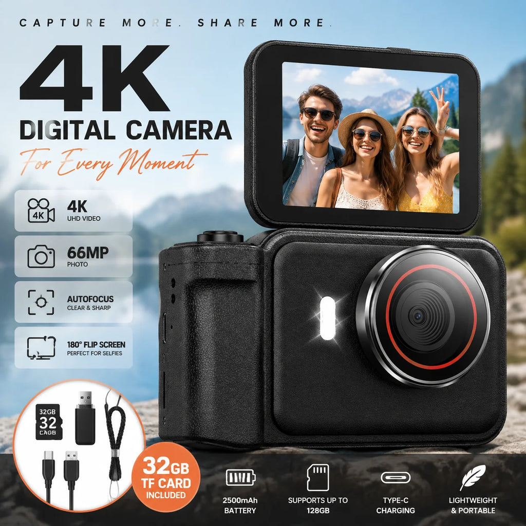 4K Digital Camera for Photography & Vlogging, 66MP Autofocus Camera with 180° Flip Screen, 10X Digital Zoom, 32GB TF Card Included, Type-C Rechargeable Compact Camera for Beginners, Travel & Everyday Use