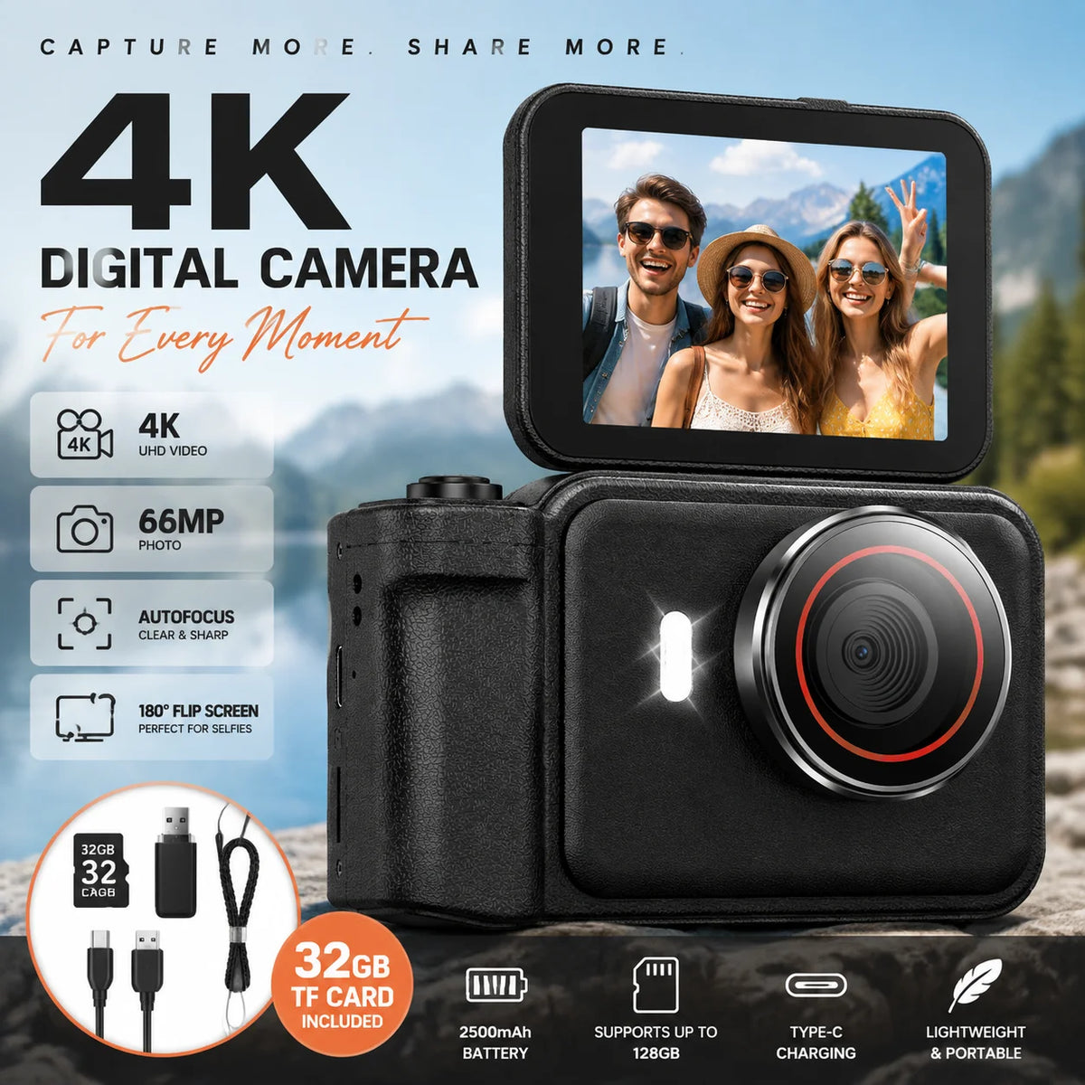 4K Digital Camera for Photography & Vlogging, 66MP Autofocus Camera with 180° Flip Screen, 10X Digital Zoom, 32GB TF Card Included, Type-C Rechargeable Compact Camera for Beginners, Travel & Everyday Use