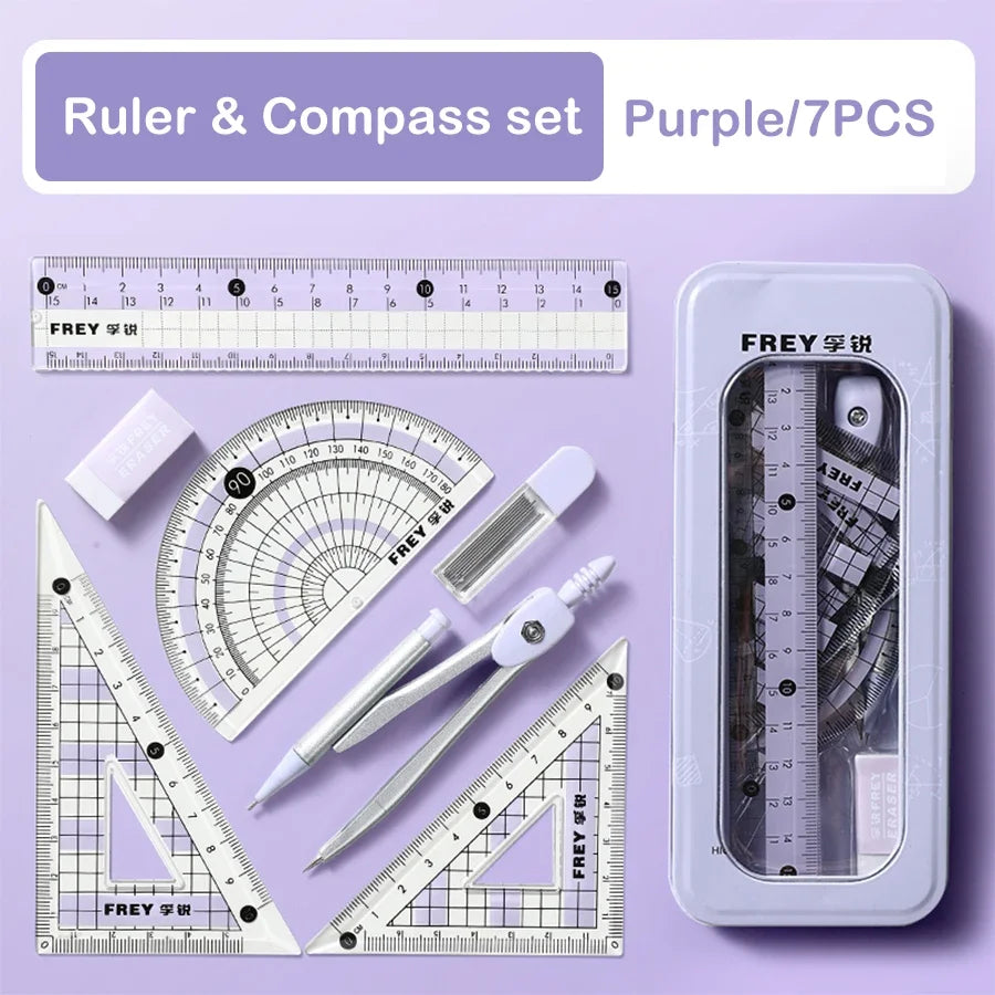 7Pcs Back to School Math Geometry Set, Multi-Function Drawing Tools with Compass