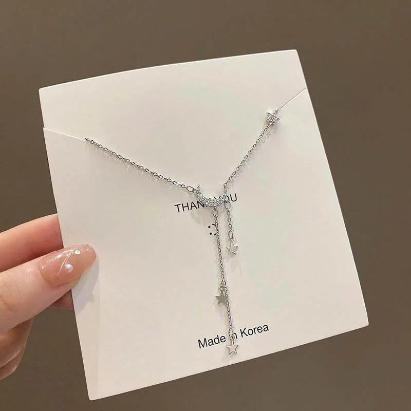 2026 Fashion Silver Color Star Moon Tassel Necklace for Women