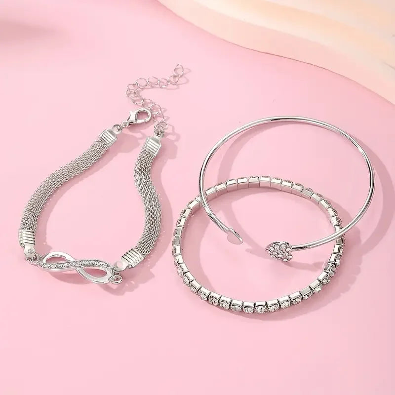 3pcs/Set Vintage Crystal Rhinestone Heart Bracelets for Women Fashion Geometric Adjustable Infinity Cuff Bangle Jewelry Gifts