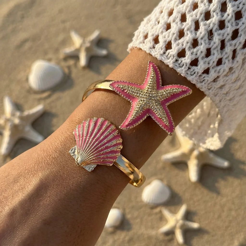 Elegant Enamel Flower Open Cuff Bracelet For Women Gold Plated Metal Pink White Blue Floral Bangles Beach Party Vacation Jewelry