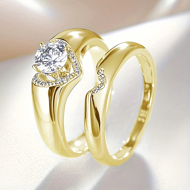 Huitan Fashion 2Pcs Heart Rings Set Female Delicate Opulent Brilliant Accessory for Engagement Stylish Gorgeous Wedding Jewelry