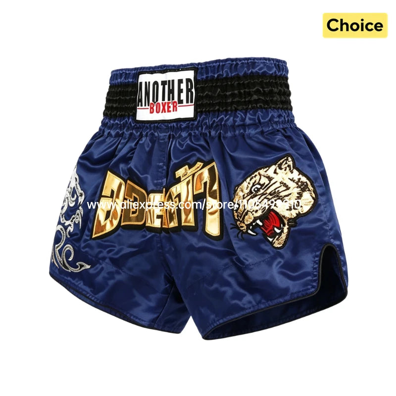 Tiger Muay Thai Shorts Embroidery Boxing Shorts Satin Kickboxing Fight Wear Men Women Kids MMA Training Competition Pants Blue
