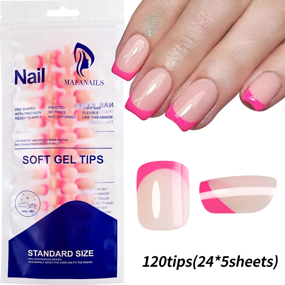 120Pcs Glossy Medium Coffin Press On Nails Pink Gradient French Fake Nails Acrylic Full Cover Ballerina False Nails For Women