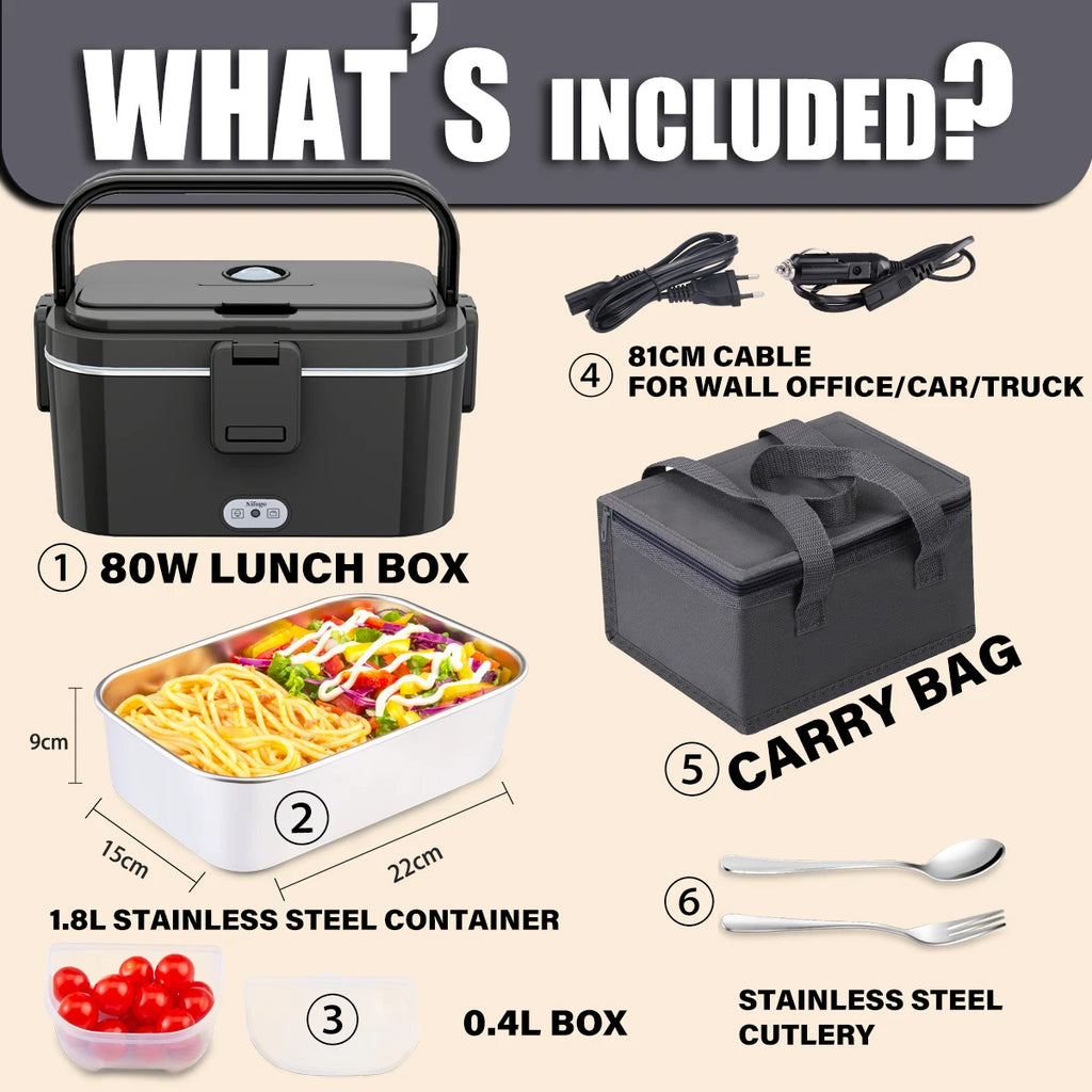 Electric Lunch Box 80W Fast Heating, 1.8L Portable Food Warmer Lunch Container for Car 12V & Home 220V, Stainless Steel Leakproof Heated Lunch Box with Insulated Bag & Utensils