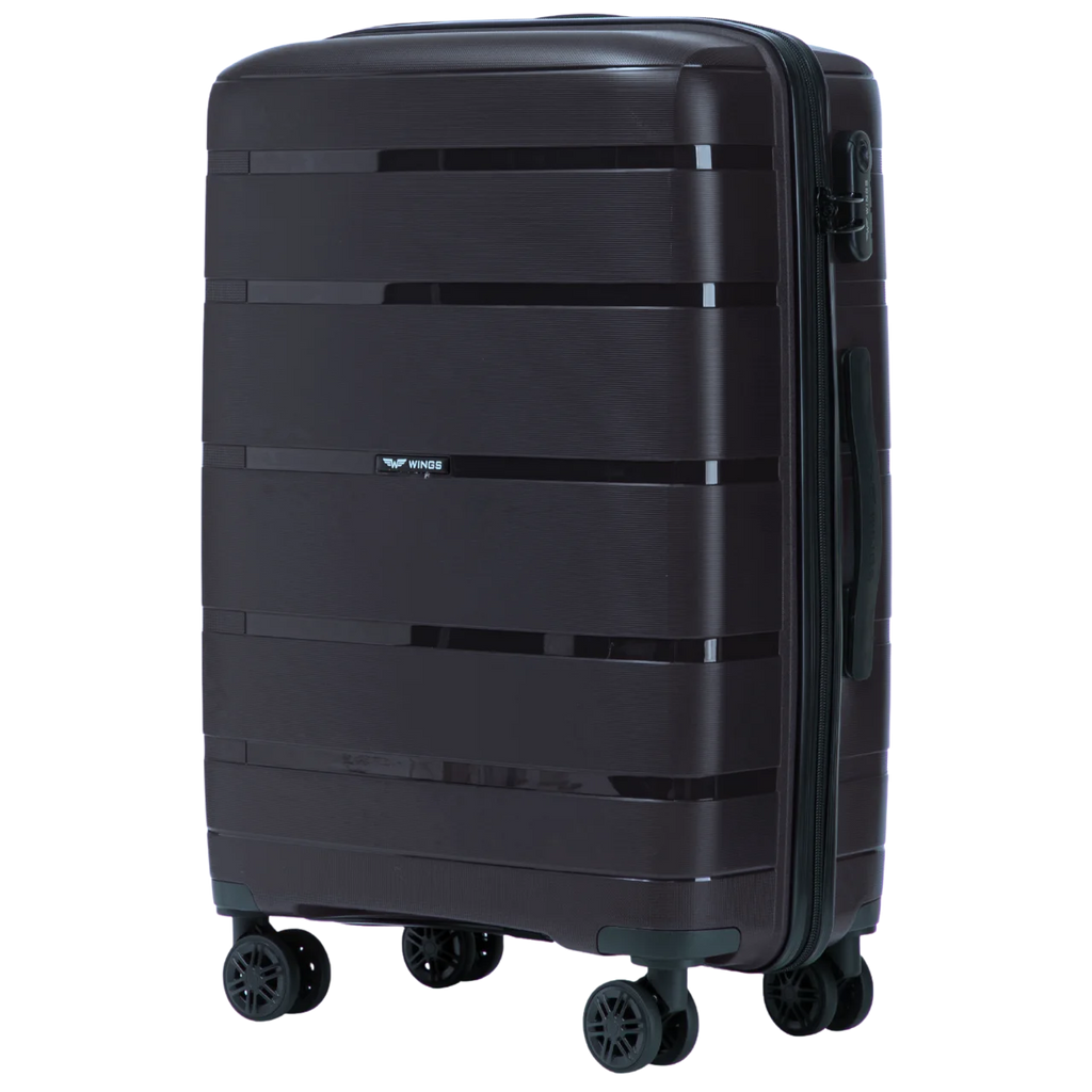 Suitcases to Choose From: Polypropylene 20", 24", 28" / 75 × 50 × 30 cm / 65 × 44 × 25 cm / 55 × 39 × 20 cm Hawfinch Color: Champagne DAMAGE-RESISTANT TELESCOPIC HANDLE, 4 DUPLICATE 360° WHEELS, COMBINATION LOCK, SIDE