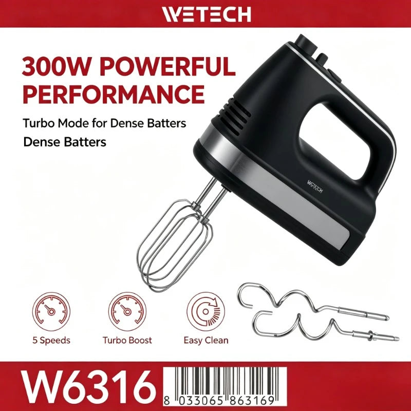 WETECH W6316 300W Electric Hand Mixer 5 Speed Turbo Boost Stainless Steel Whisks