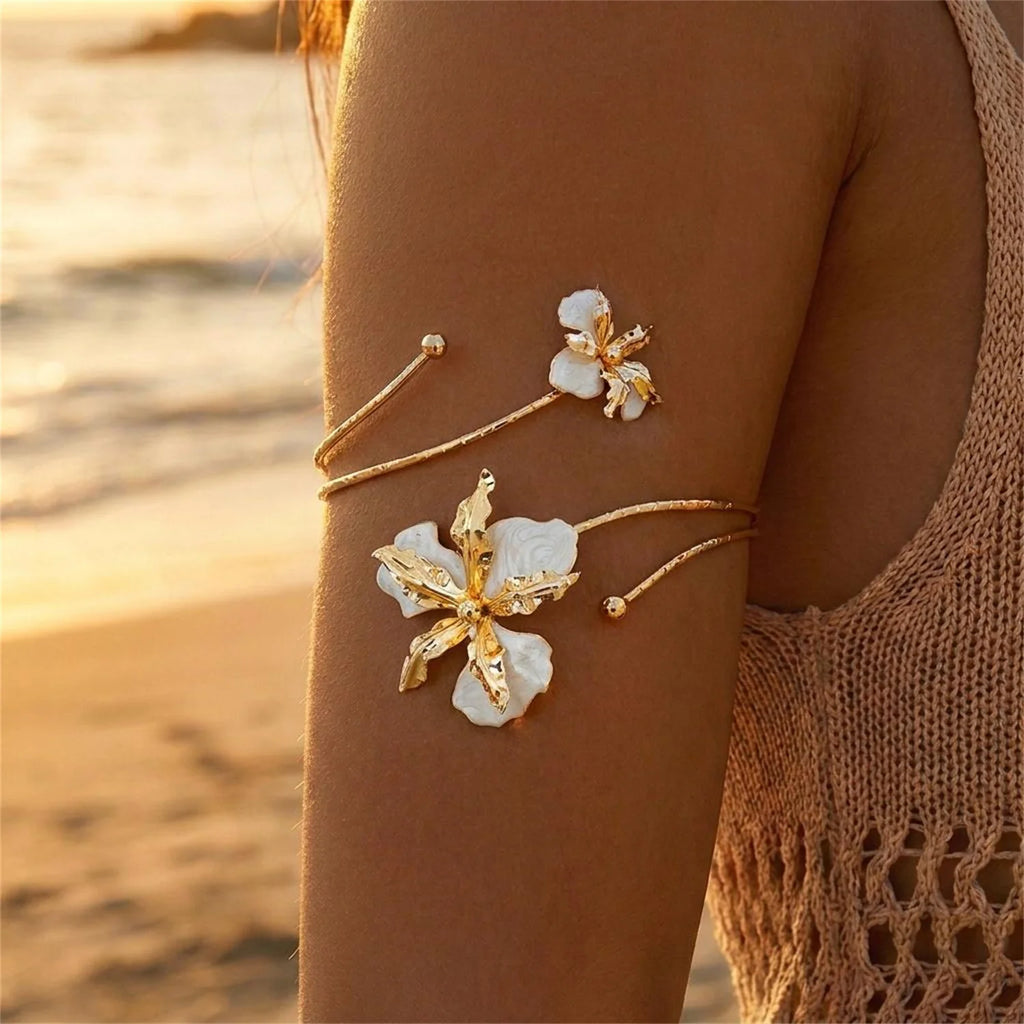 Boho Elegant Sexy Flower Open Cuff Armlet for Women Vintage Enamel Glaze Craft Floral Adjustable Arm Bracelet Beach Body Jewelry