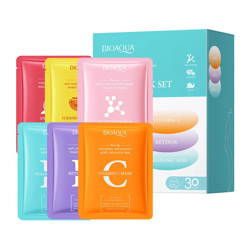 BIOAQUA 30 Sheets Facial Mask Set, 6 Kinds Hydrating Face Mask Patches with Snail & Hyaluronic Acid Extract
