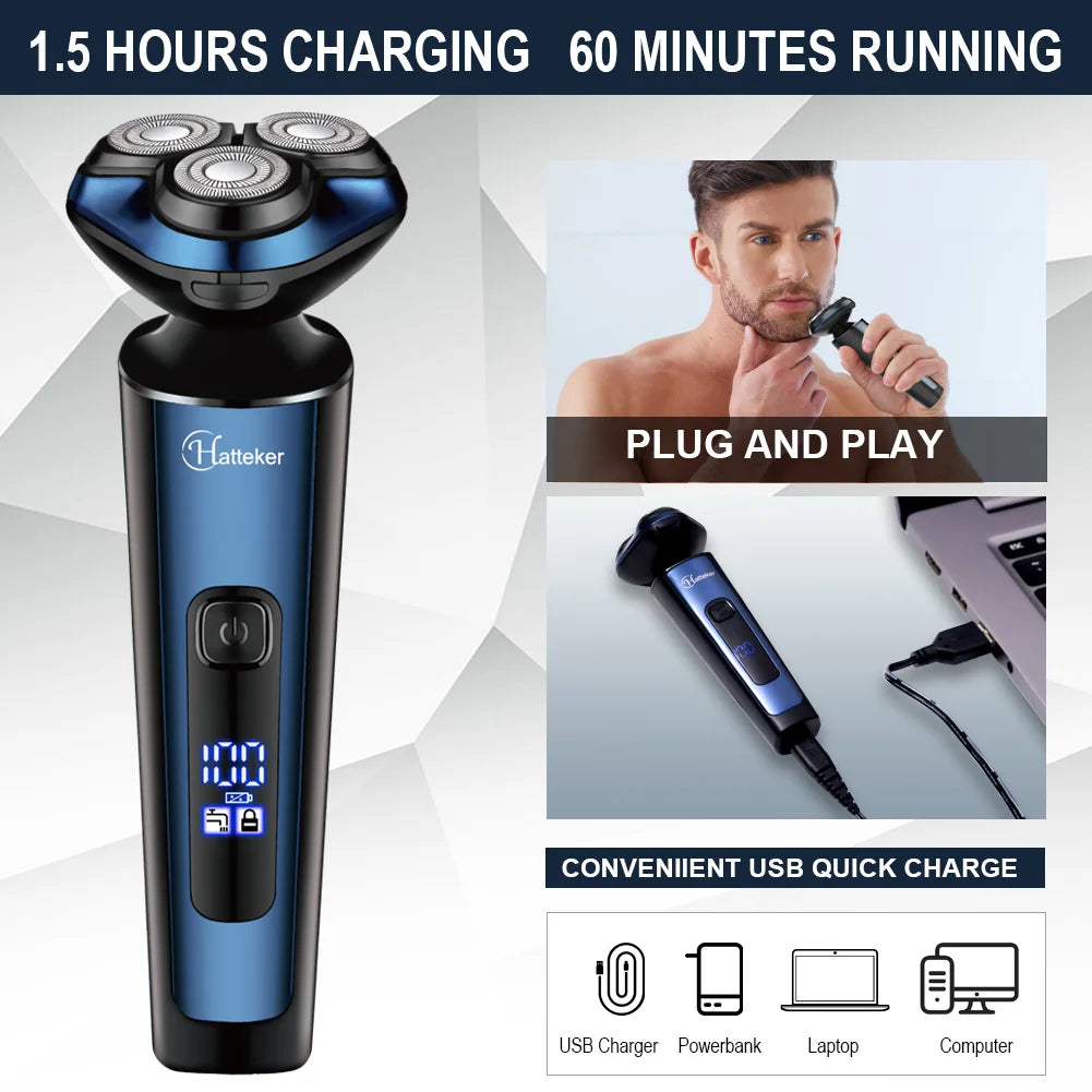 HATTEKER Rotary Electric Shaver Men's 3-in-1 Facial Razor USB Rechargeable