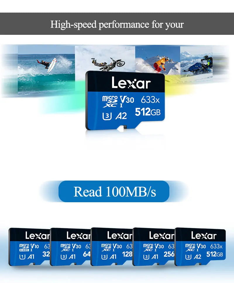 Lexar 633x Micro SD Card 128GB 256GB 64GB SDXC V30 U3 Class 10 A1 with 100MB/s Read Speed for Smartphone Tablet Action Camera