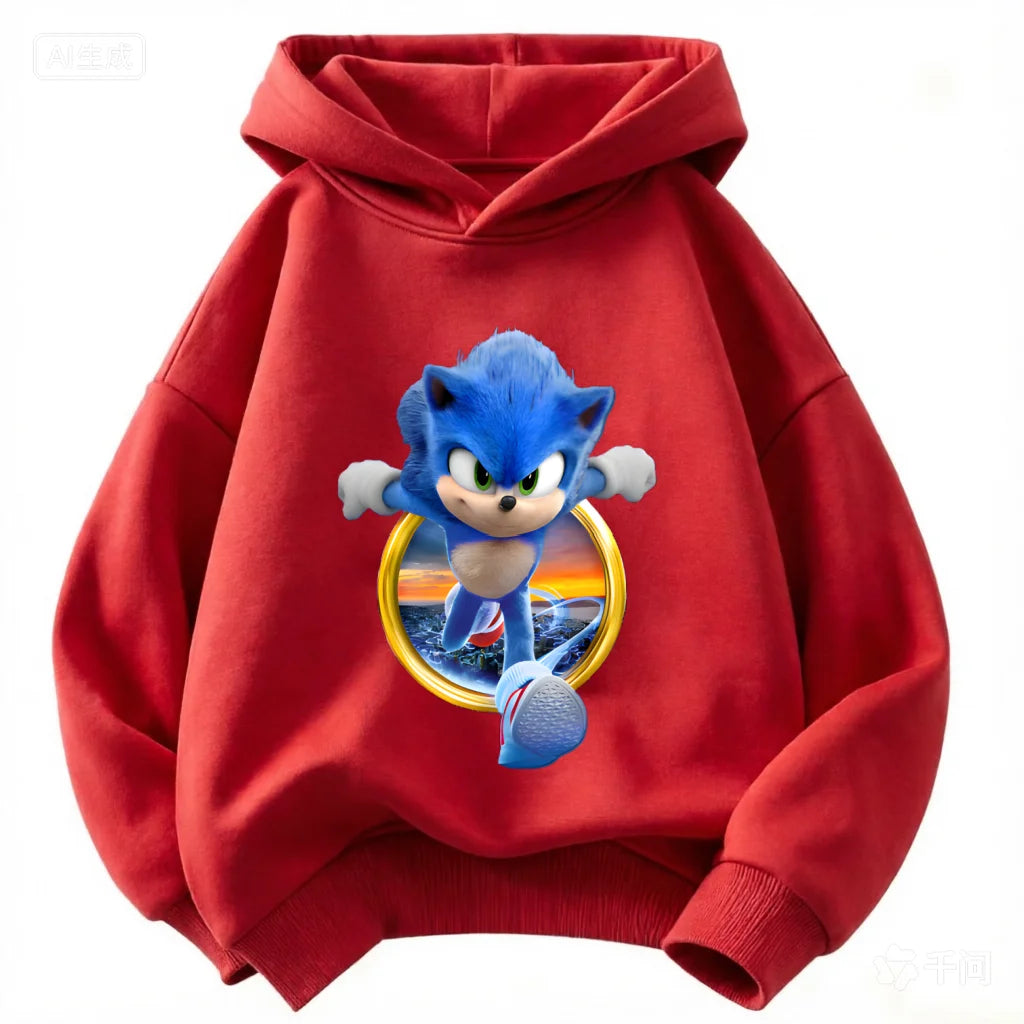 2026 Kids Thick Hoodie with Cute Sonic Anime Pattern