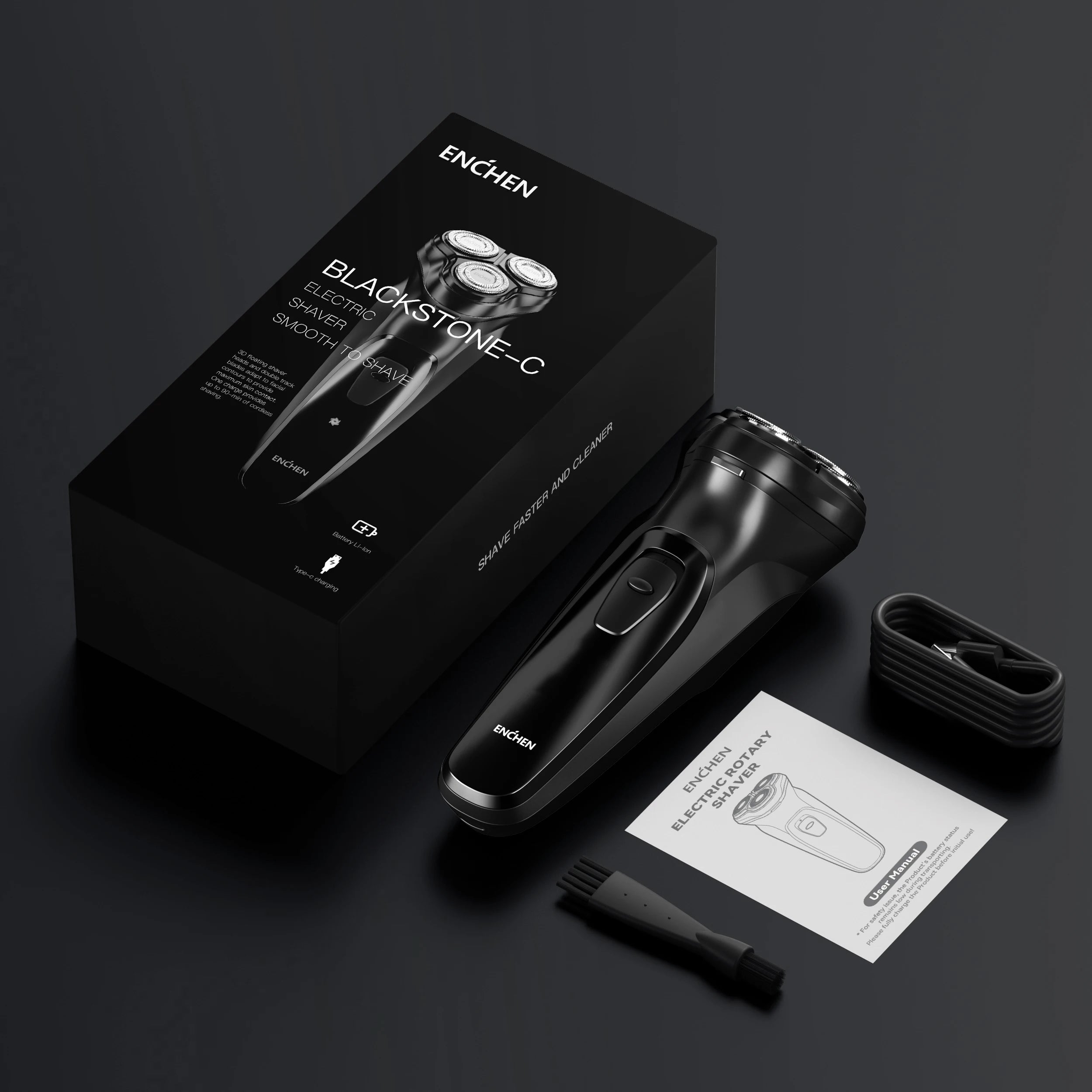 ENCHEN Blackstone Electrical Rotary Shaver for Men 3D Floating Blade Washable Type-C USB Rechargeable Shaving Beard Machine