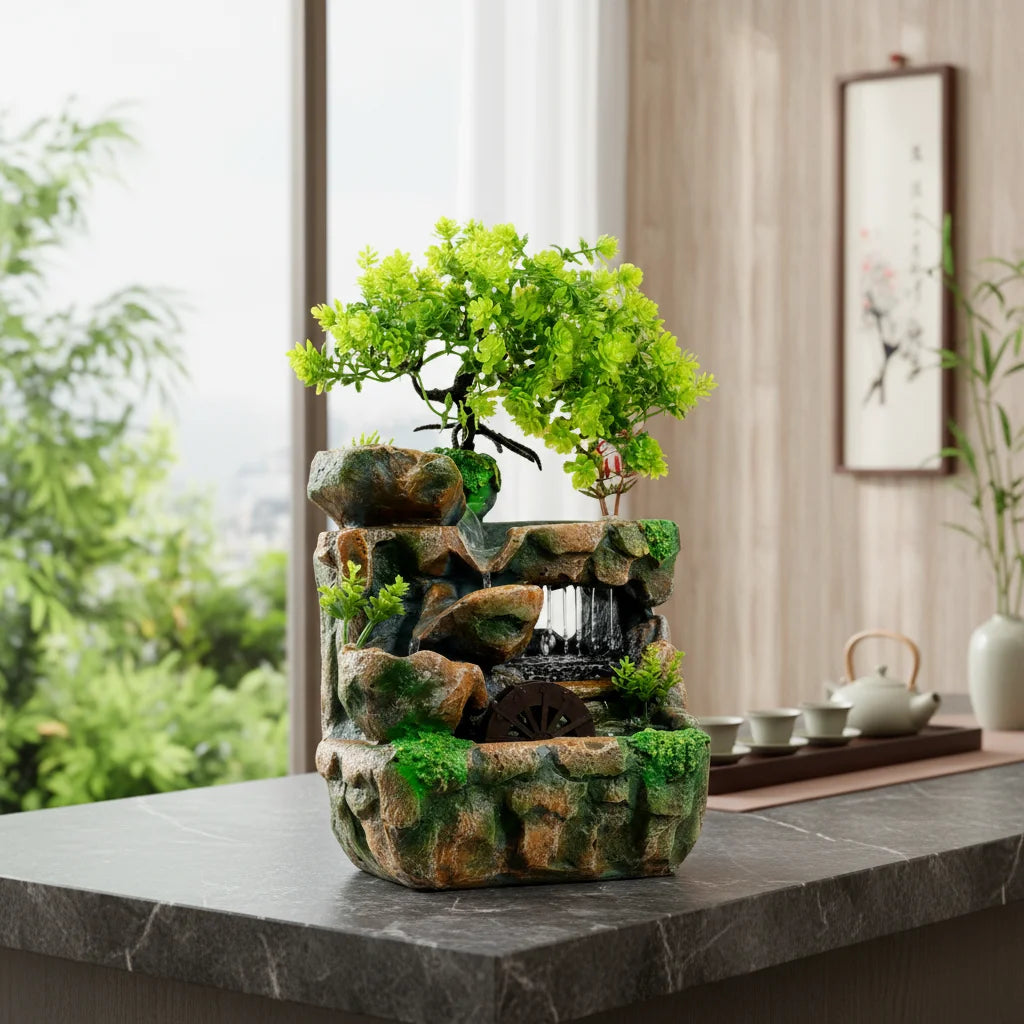 Tabletop Fountain with LED Lights, Resin Waterfall Decor for Home Office Desk, 220V