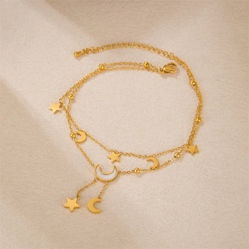 Stainless Steel 2025 New Fashion Jewelry Summer Beach Style Seashells Stars Moon Charm Beading Anklets Chain For Women