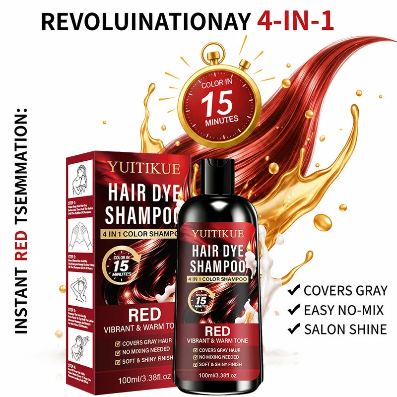 100ml Red 4IN1 Hair Color Shampoo 15 Mins Fast Dye Cover Grey Hair