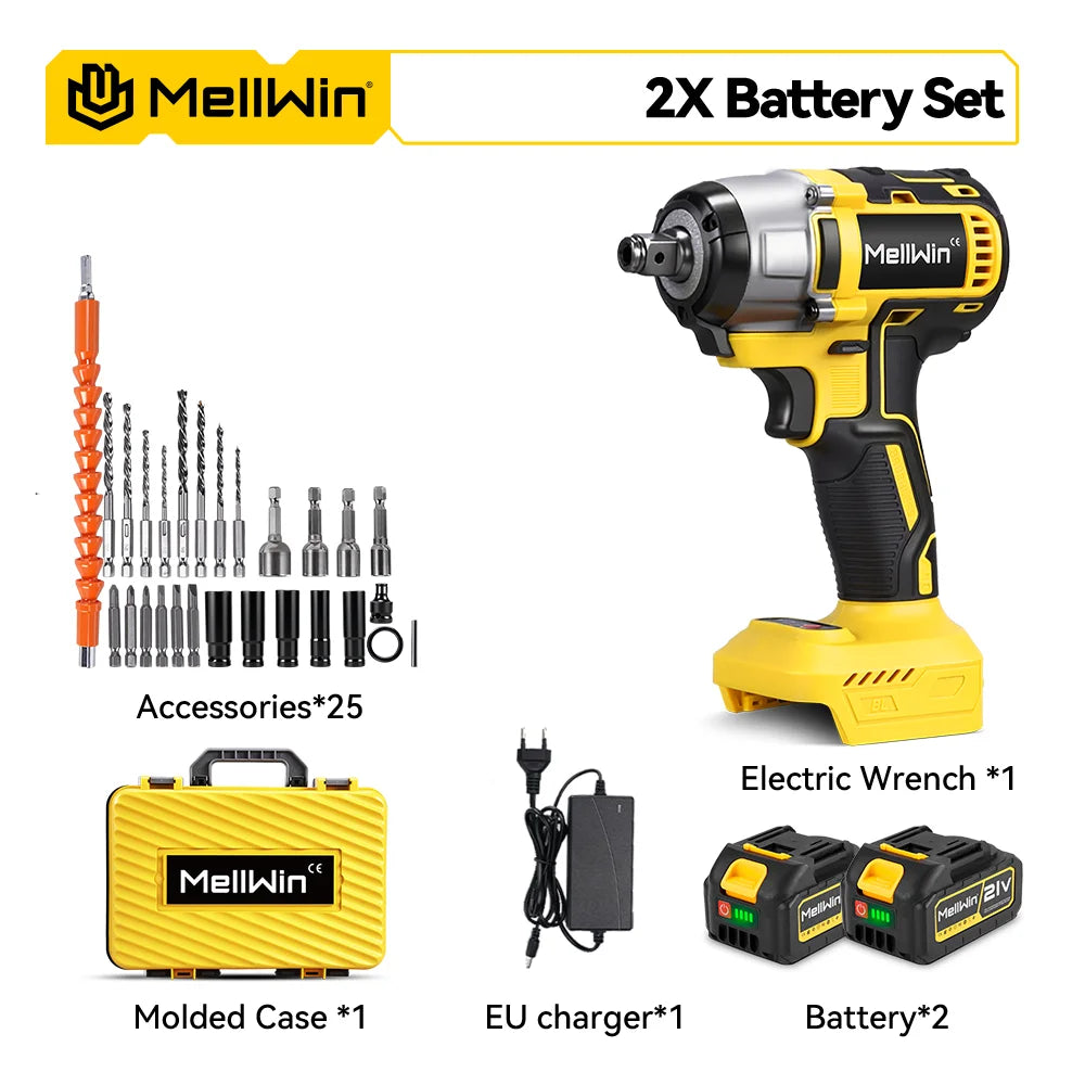 MELLWIN 520N.M Brushless Cordless Impact Wrench 3-IN-1 Electric Drill Screwdriver Power Tool Kit For Makita 18V Battery Pin