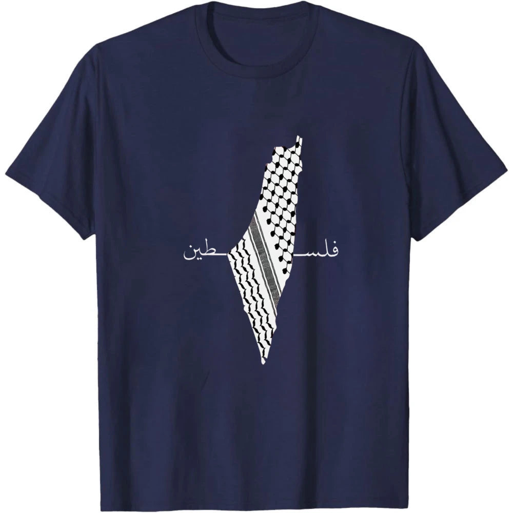 Palestine Keffiyeh Map Arabic Calligraphy Print Cotton T Shirt Men Heritage Patriotic Casual Graphic Tees Summer Men Clothing